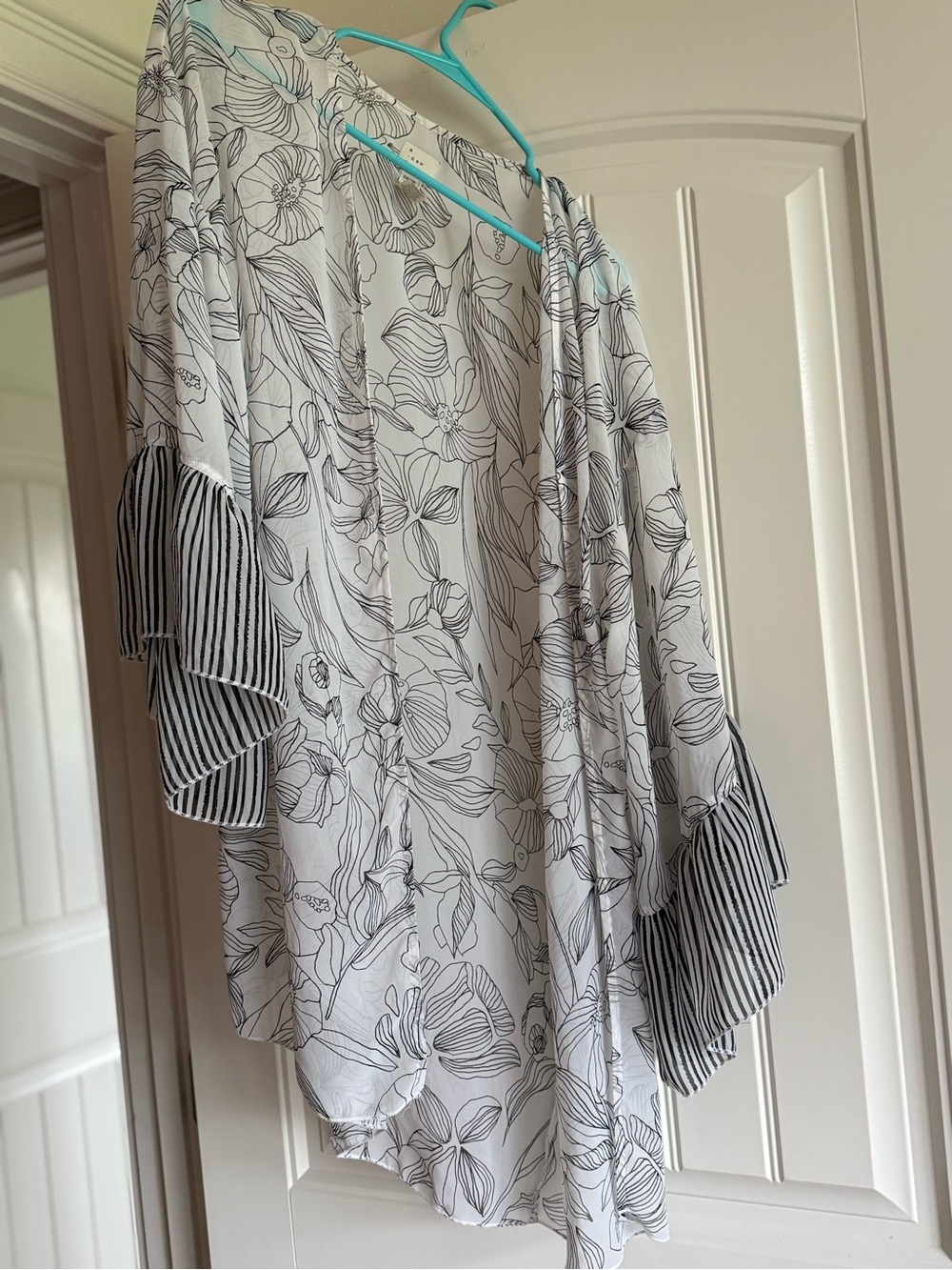 a new day White Floral Kimono Top with Black Striped Ruffle Sleeves